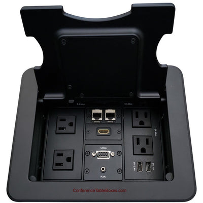 Conference Table AV Box, Wireless QI Charging, HDMI, VGA, Cat6, Black