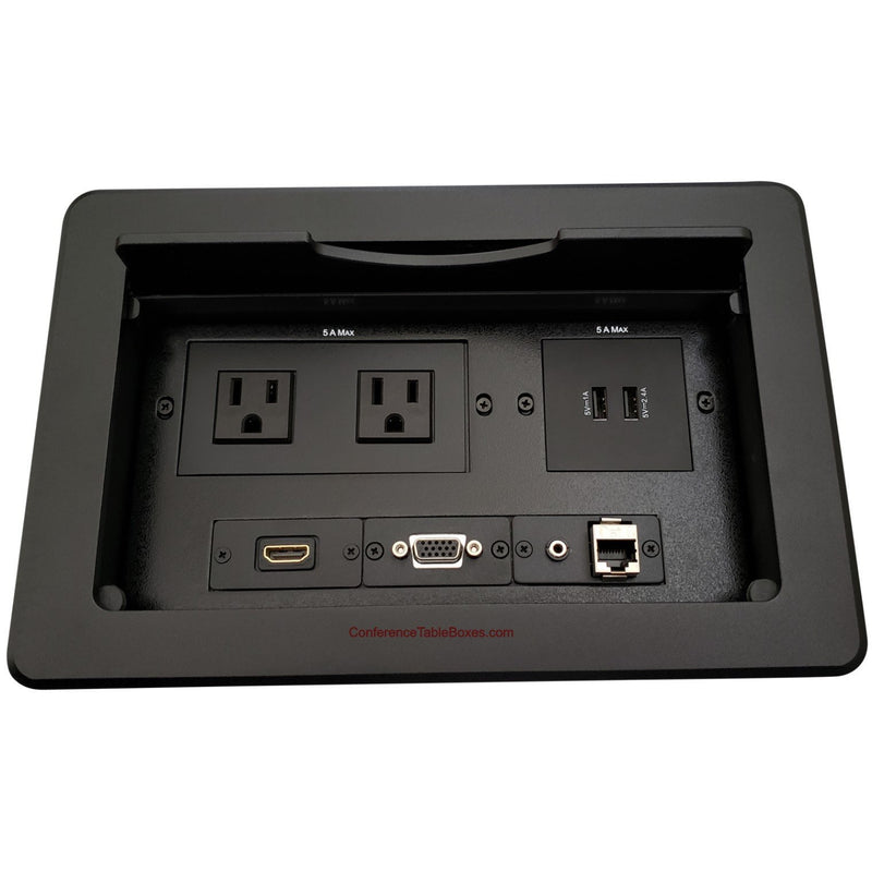 Kramer TBUS-10-B3 Table Box w/ 2 Power, 1 HDMI, 2 Charging USB, 1 USB, 2 Cat6, Black