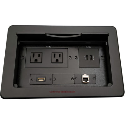 Conference Table Box, 2 Power, 2 Charging USB, 1 HDMI, 1 Cat6 - Black
