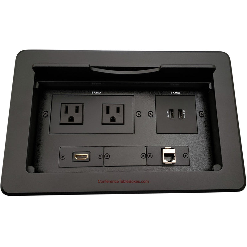 Conference Table Box, 2 Power, 2 Charging USB, 1 HDMI, 1 Cat6 - Black
