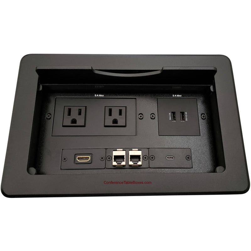 Kramer TBUS-10-B8 Table AV Box, 2 Power, 1 HDMI, 1 USB-C, 2 Charging USB, 2 Cat6, Black