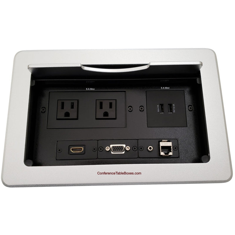 Kramer TBUS-10-S3 Table Box w/ 2 Power, 1 HDMI, 2 Charging USB, 1 VGA/Audio, 1 Cat6, Silver
