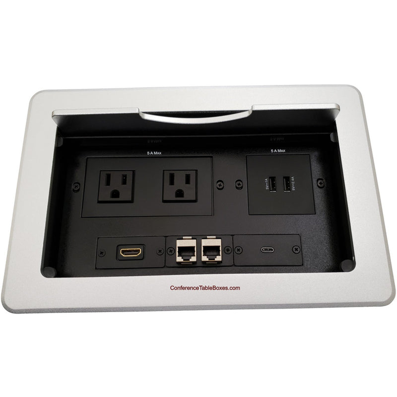 Kramer TBUS-10-S8 Table AV Box, 2 Power, 1 HDMI, 1 USB-C, 2 Charging USB, 2 Cat6, Silver