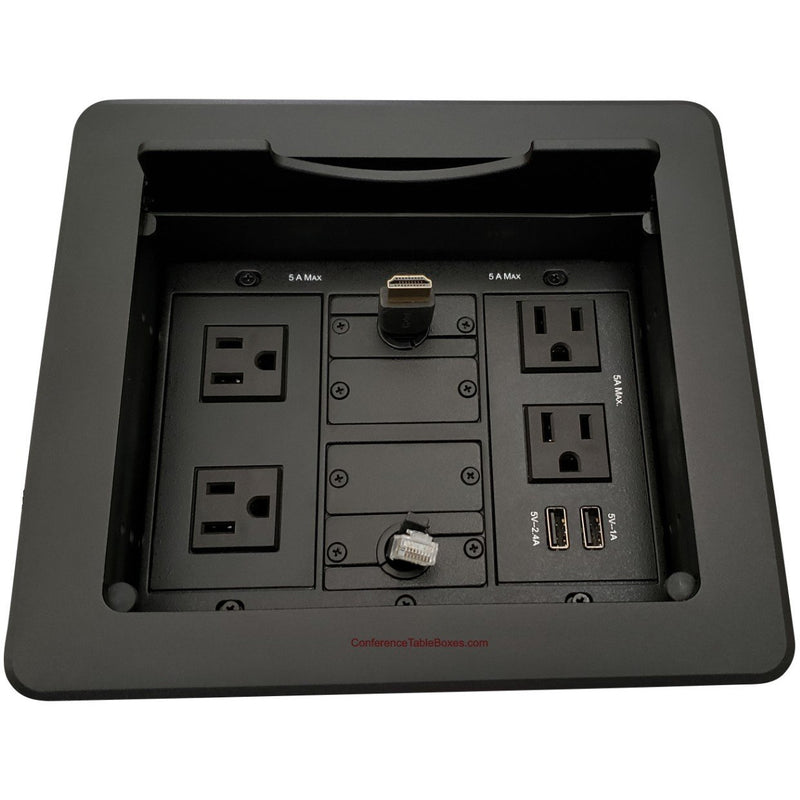 Table Well Box, 4 Power, 2 Charging USB, Retracting HDMI/Cat6, Black