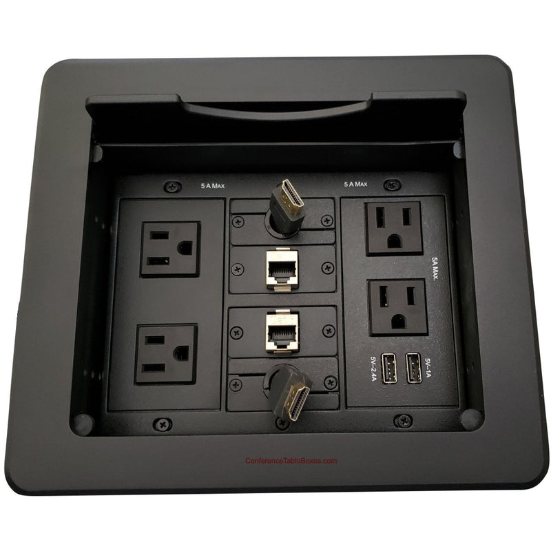 Kramer TBUS-1N-B6 Table Well, 4 Power, 2 Charging USB, 2 Retracting HDMI, 2 Cat6, Black