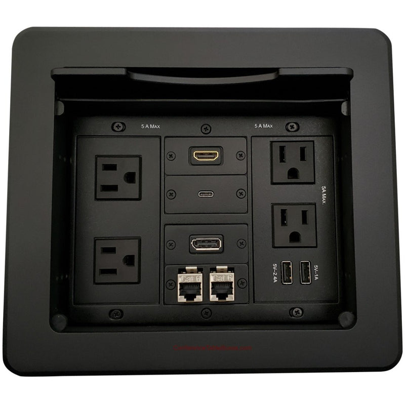 Kramer TBUS-1N-B8 Multimedia Table Box, 2 Power, 2 Charging USB, 3 Video, 2 Cat6 - Black