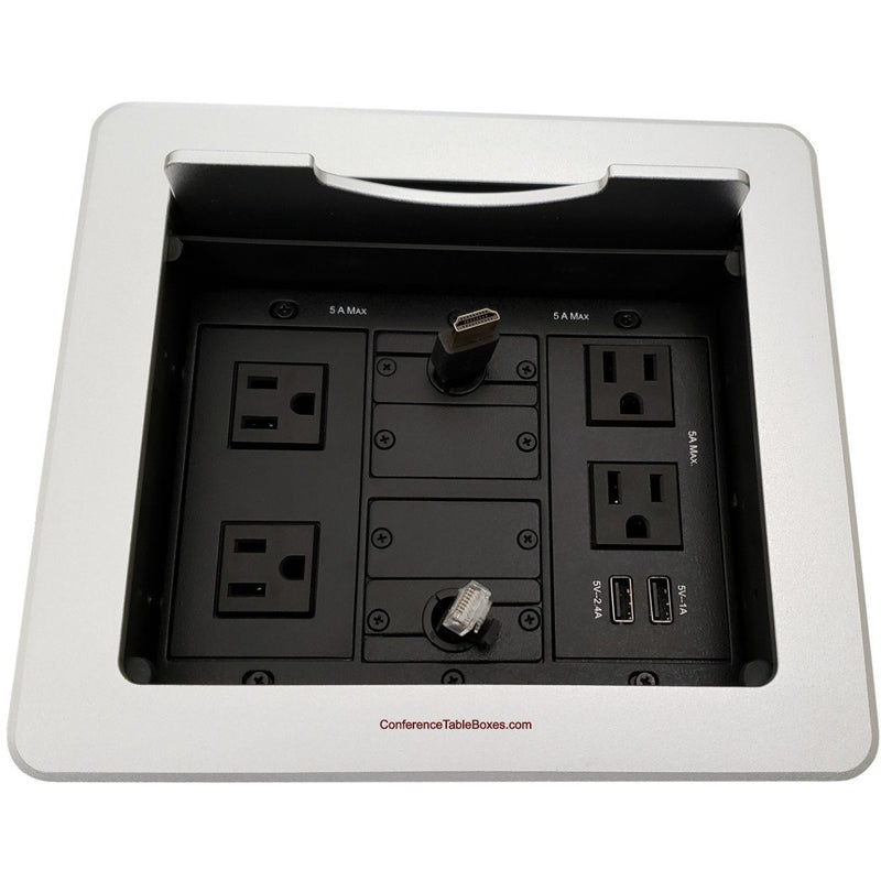 Kramer TBUS-1N-S5 Table Well Box, 4 Power, 2 Charging USB, Retracting HDMI/Cat6, Silver