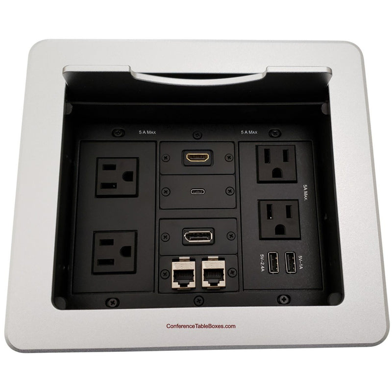 Kramer TBUS-1N-S8 Multimedia Table Box, 2 Power, 2 Charging USB, 3 Video, 2 Cat6, Silver