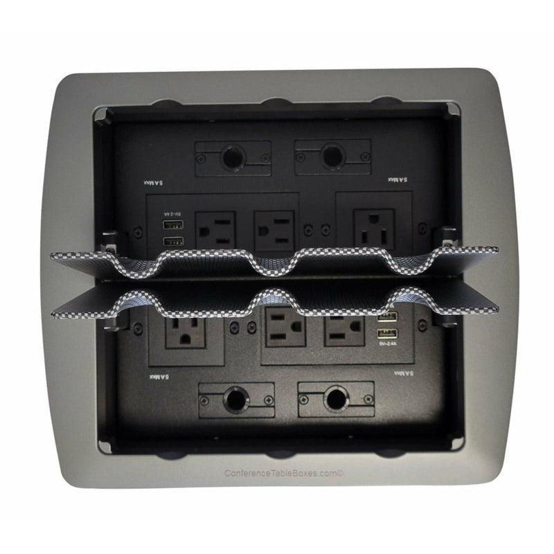 Dual Sided Cable Well, 6 Power, 4 Charging USB, 4 Grommet Holes, Gray