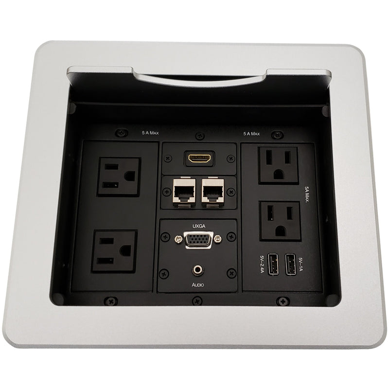 Kramer TBUS-1N-S2 Table Box 4 Power, 1 HDMI, 2 Charge USB, 2 Cat6, 1 VGA, 1 Audio Silver