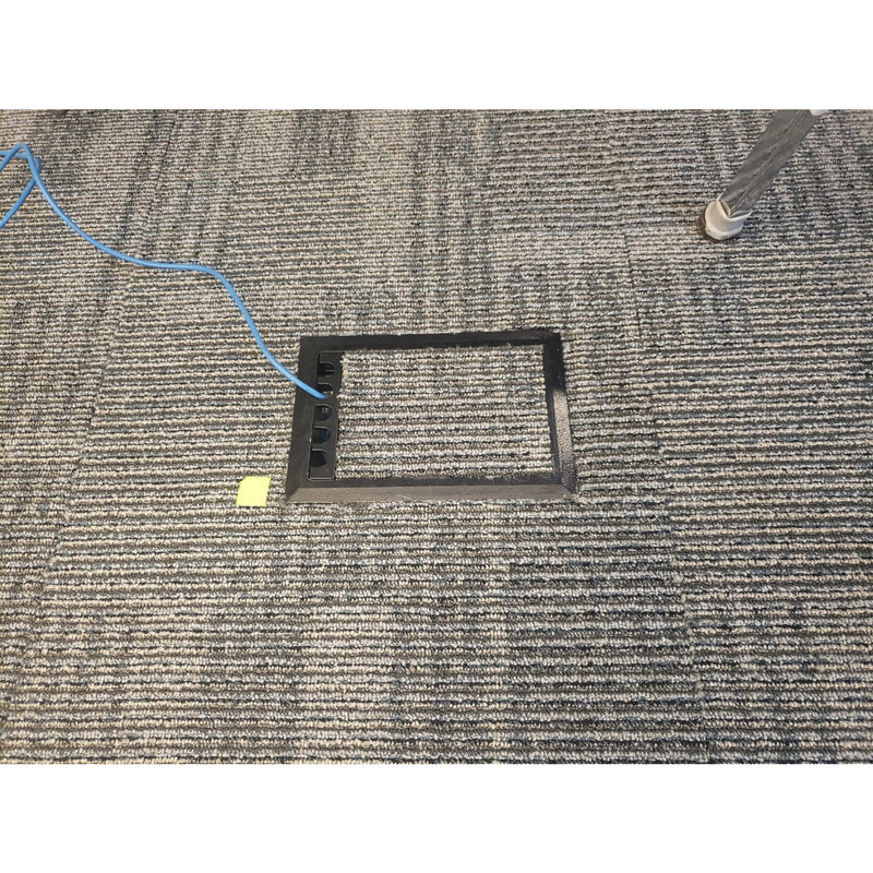Concrete Floor Box, 4 Decora Openings, Hinged Lid, Black, Carpet Installed on Top