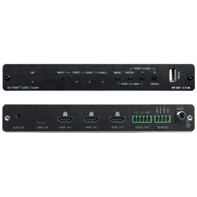 Kramer VP-451 Auto Switcher, 2 HDMI, 1 USB-C, 1 HDMI Out, Digital Scaling, Front and Back view