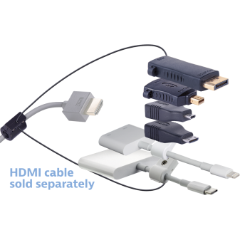 Liberty AV Digitalinx DL-AR4218 digital keychain presentation adapter converts HDMI to: 4K DisplayPort, 4K Mini DisplayPort, Micro HDMI, Mini HDMI, Apple USB-C, Lightning