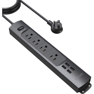 4 Power, 4 Charging USB Surge Protected Power Strip, Thin, Wall Mount