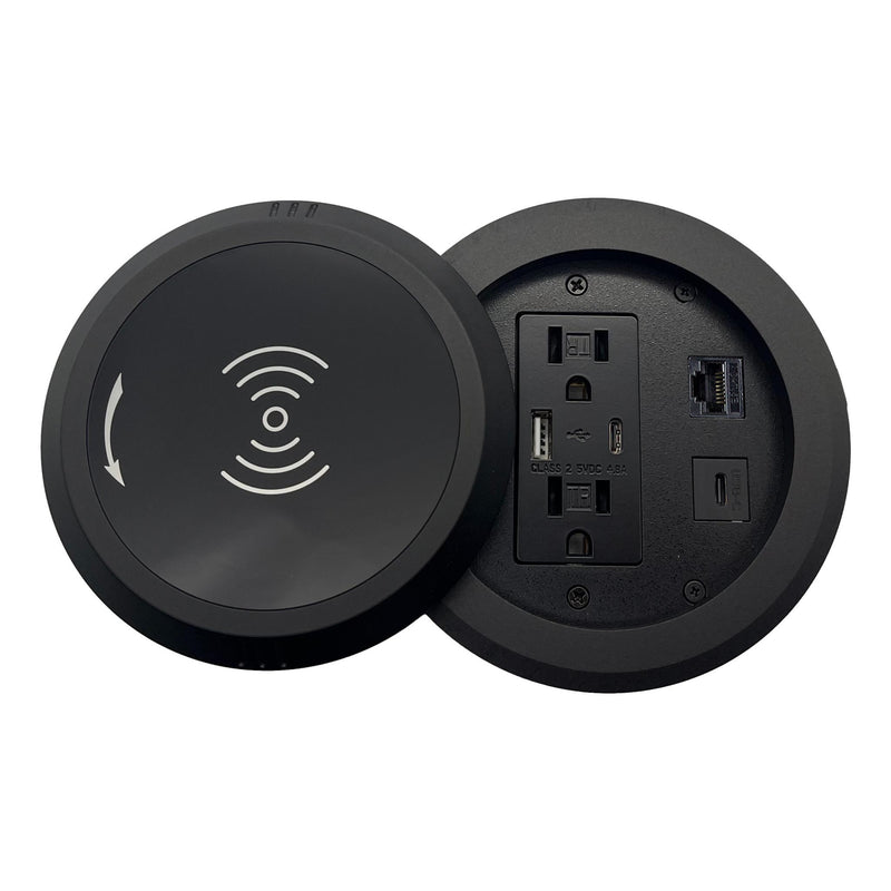 Round Table Box, 2 Power, USB-A, USB-C, Cat6, USB-C, Wireless Charging